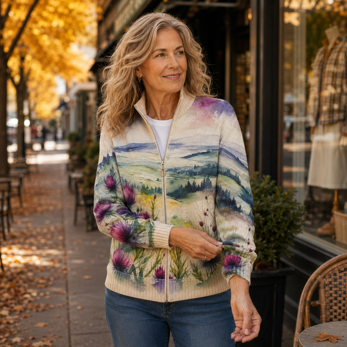 Dorota | Sweter zapinany na zamek w stylu Scottish Thistle Landscape