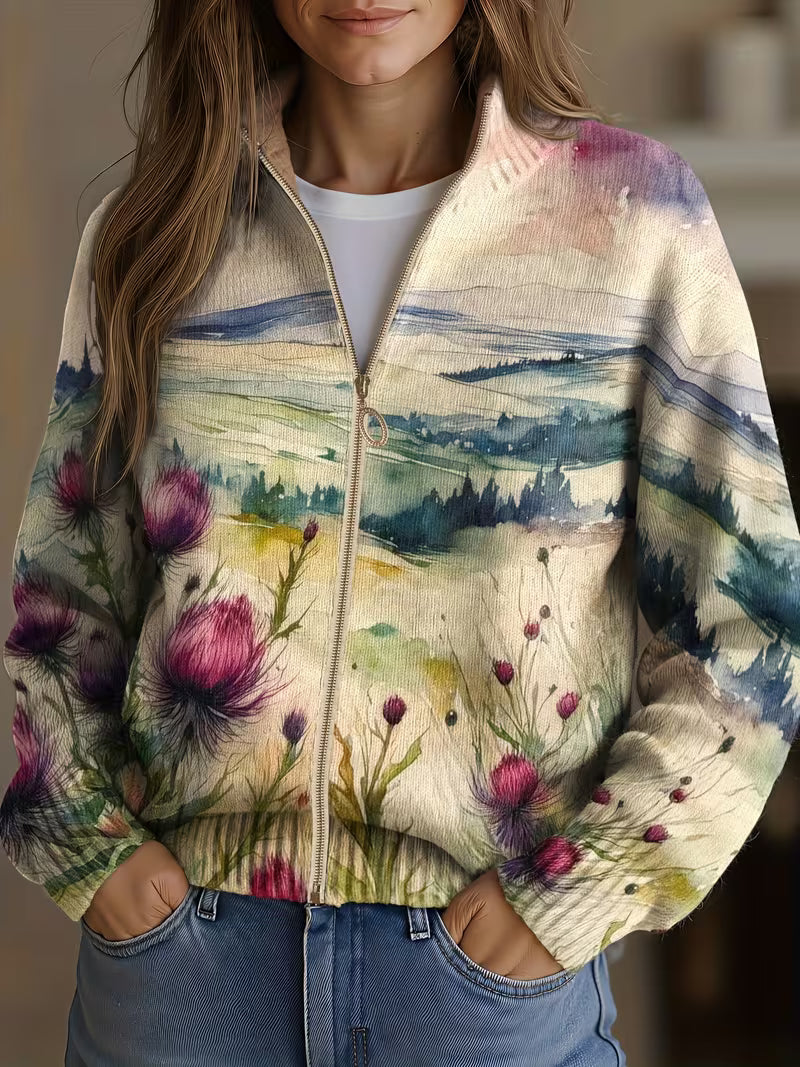 Dorota | Sweter zapinany na zamek w stylu Scottish Thistle Landscape