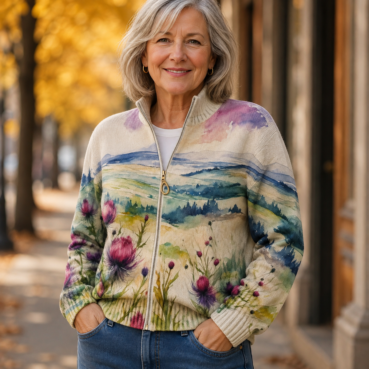 Dorota | Sweter zapinany na zamek w stylu Scottish Thistle Landscape