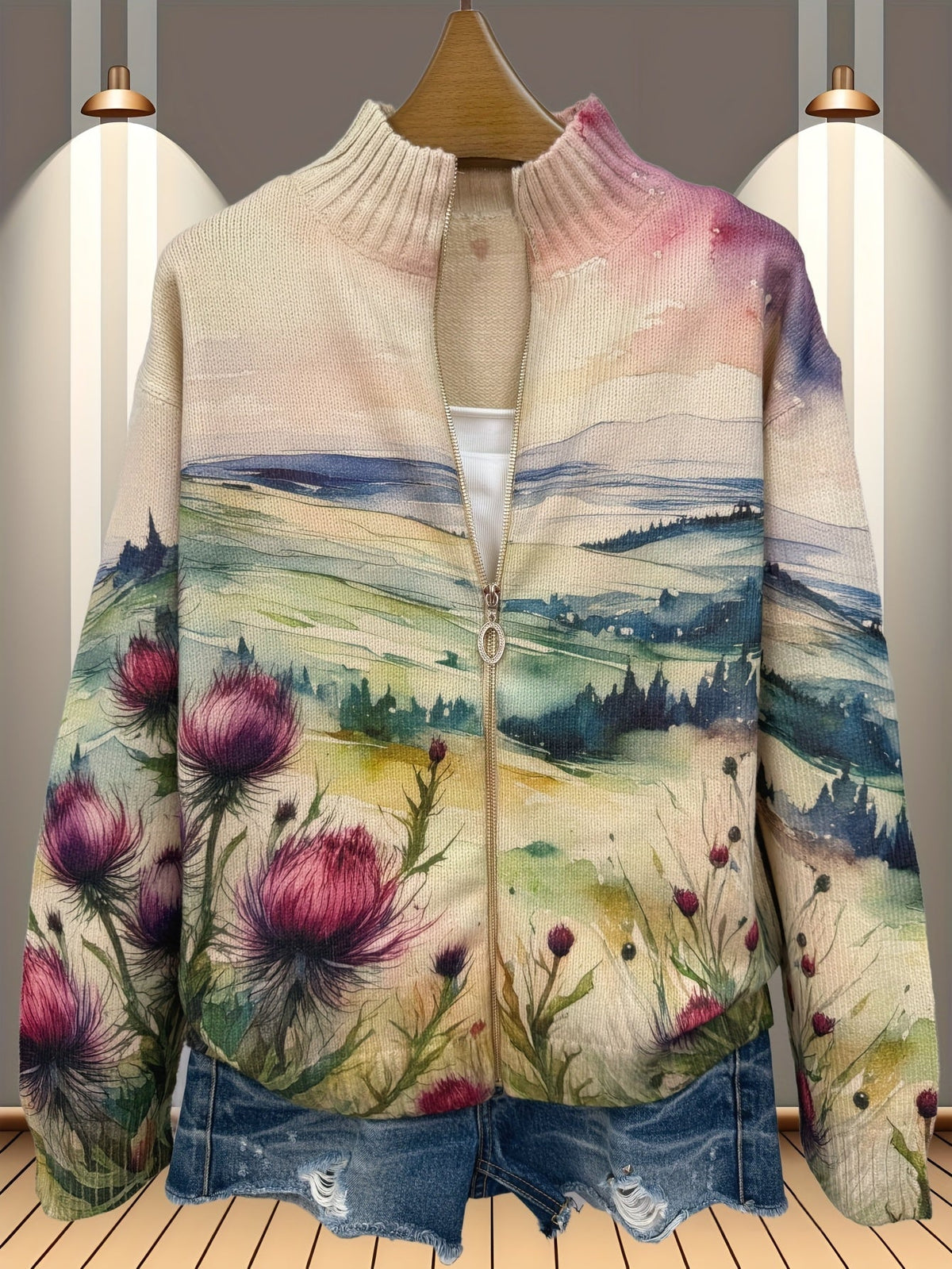 Dorota | Sweter zapinany na zamek w stylu Scottish Thistle Landscape
