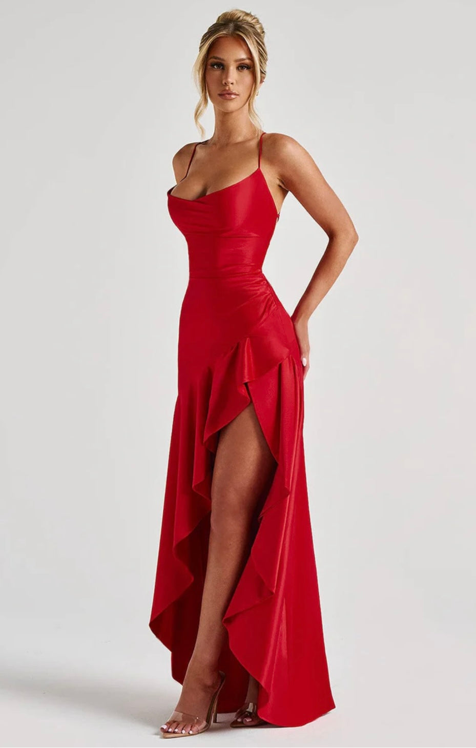 Adrianna™ – Satynowa sukienka maxi z asymetryczną falbaną