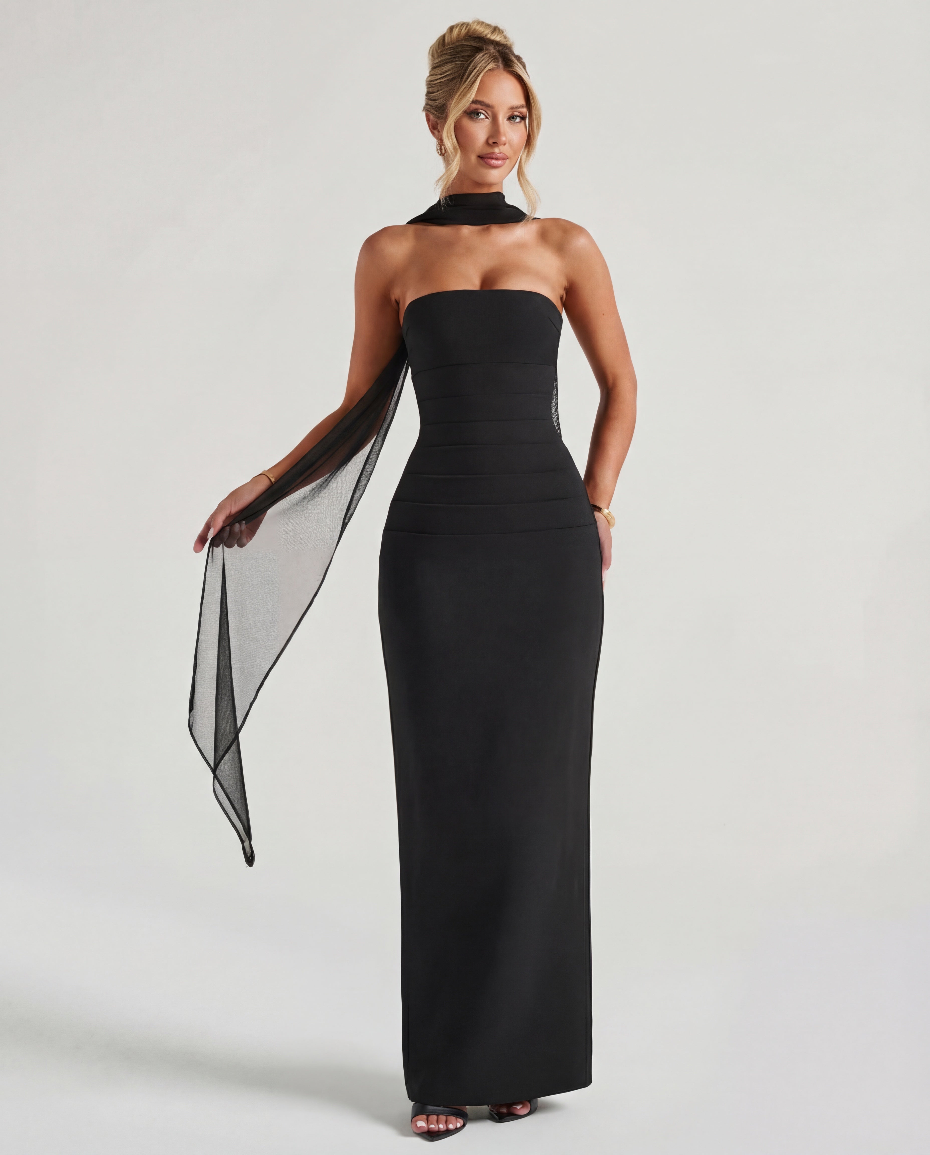 Roksana™ – Modelująca sukienka maxi bez ramiączek z odpinanym szalem