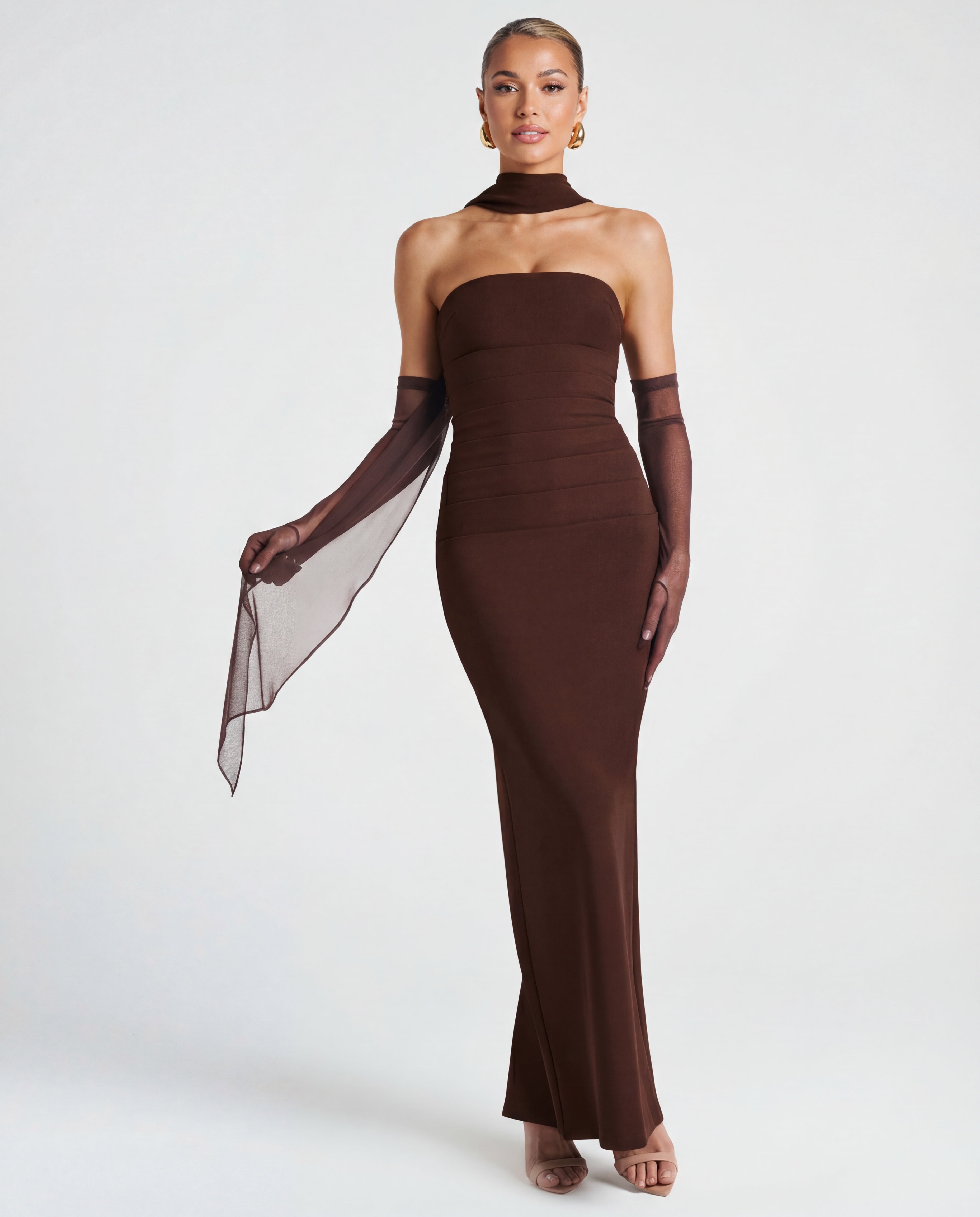 Roksana™ – Modelująca sukienka maxi bez ramiączek z odpinanym szalem