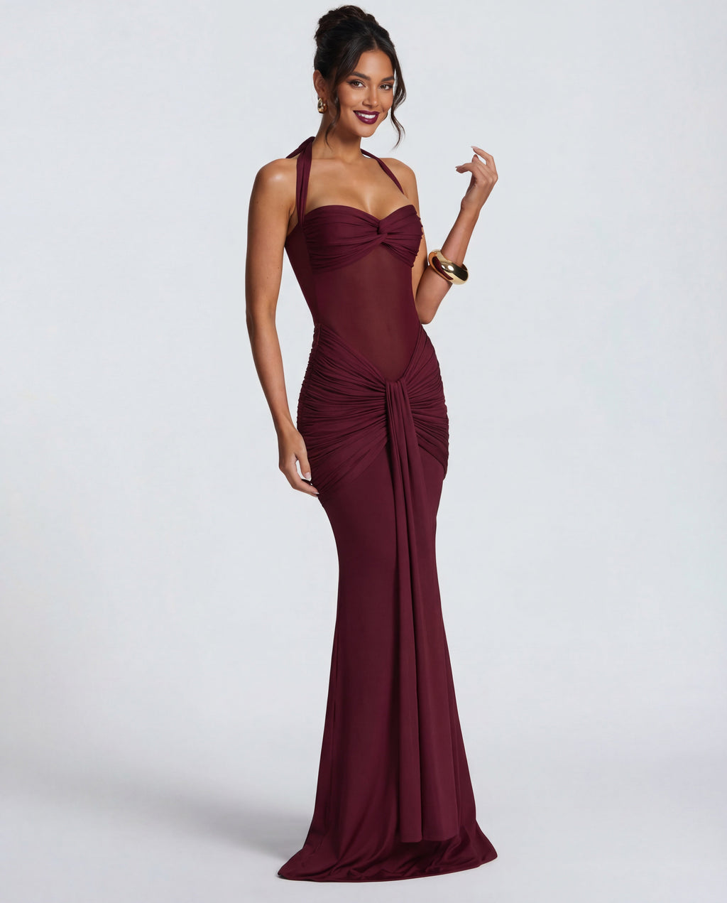 Bianka™ – Żółta marszczona sukienka maxi wiązana na szyi
