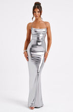 Alina™ – Metaliczna sukienka maxi bez pleców w odcieniu gunmetal