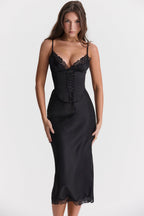 Kamila™ – Czarna satynowa sukienka midi slip z odpinanym gorsetem