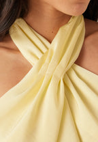 Wiktoria™ – Maślanożółta satynowa sukienka maxi halter