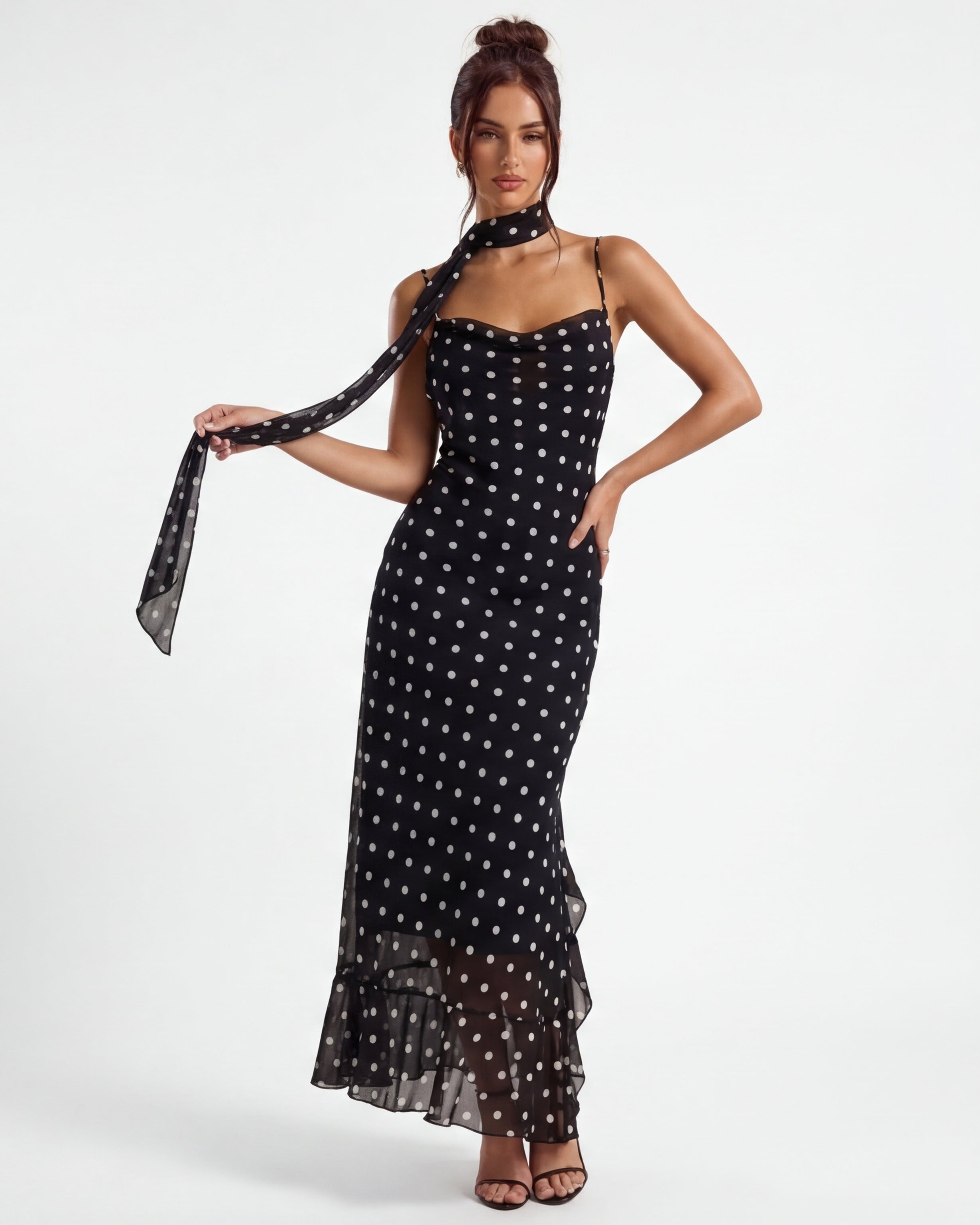 Stefania™ – Sukienka maxi w groszki z transparentnym dołem
