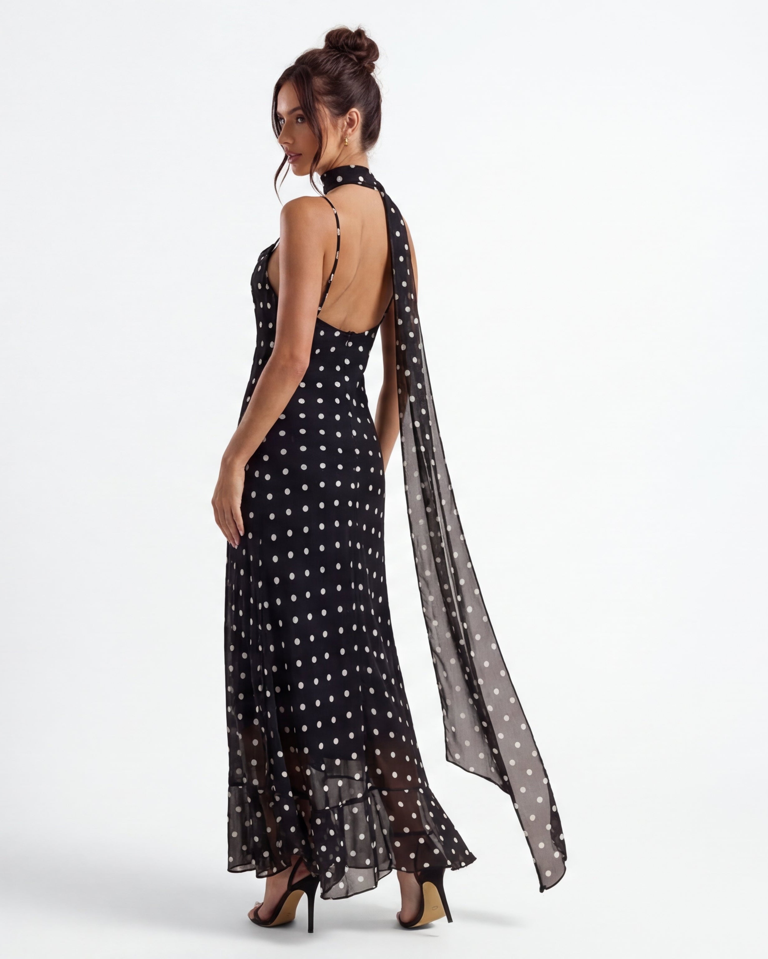 Stefania™ – Sukienka maxi w groszki z transparentnym dołem