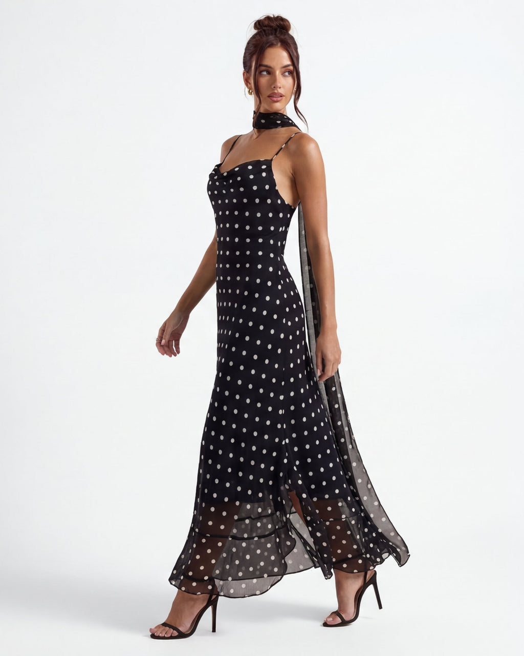 Stefania™ – Sukienka maxi w groszki z transparentnym dołem