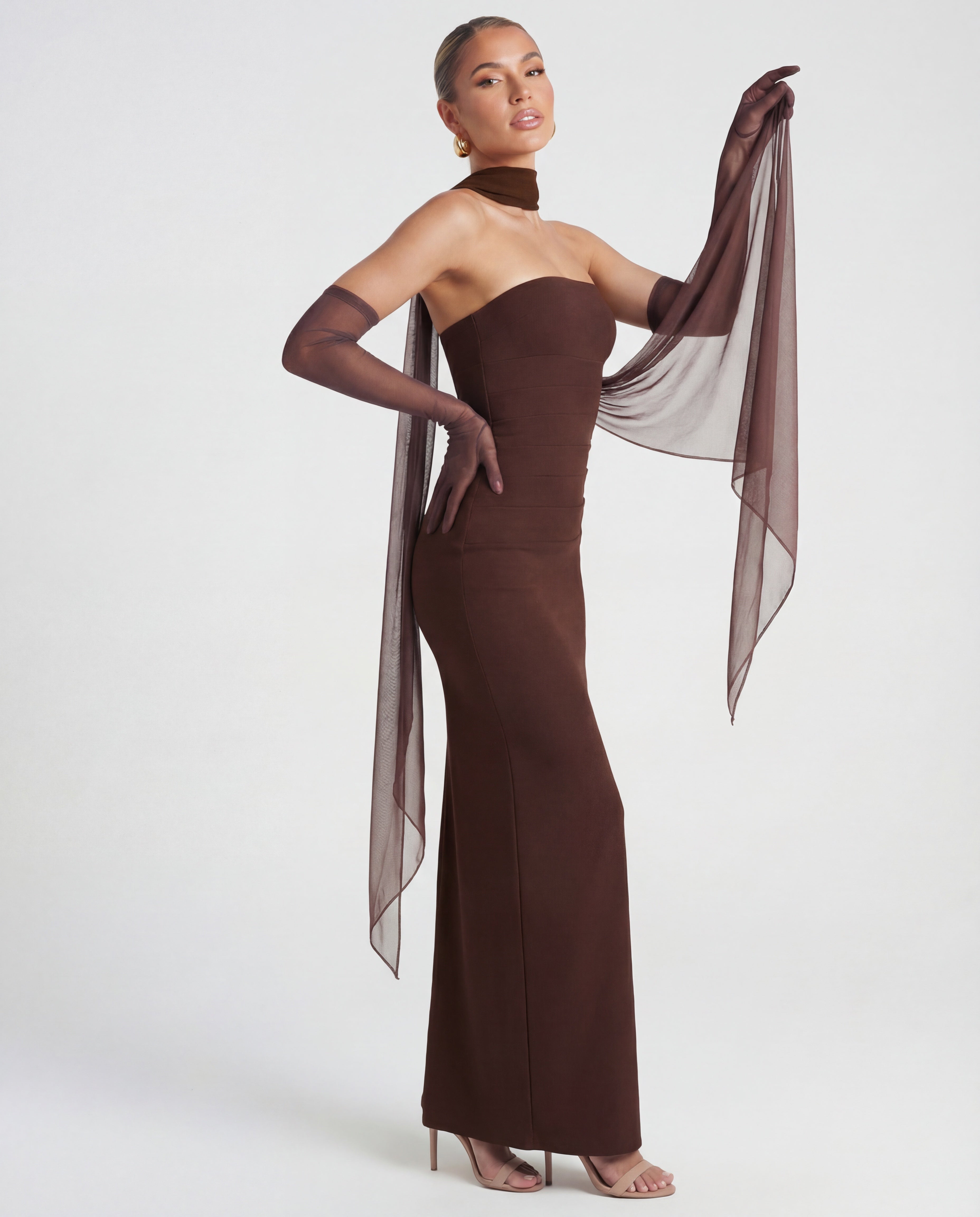 Roksana™ – Modelująca sukienka maxi bez ramiączek z odpinanym szalem