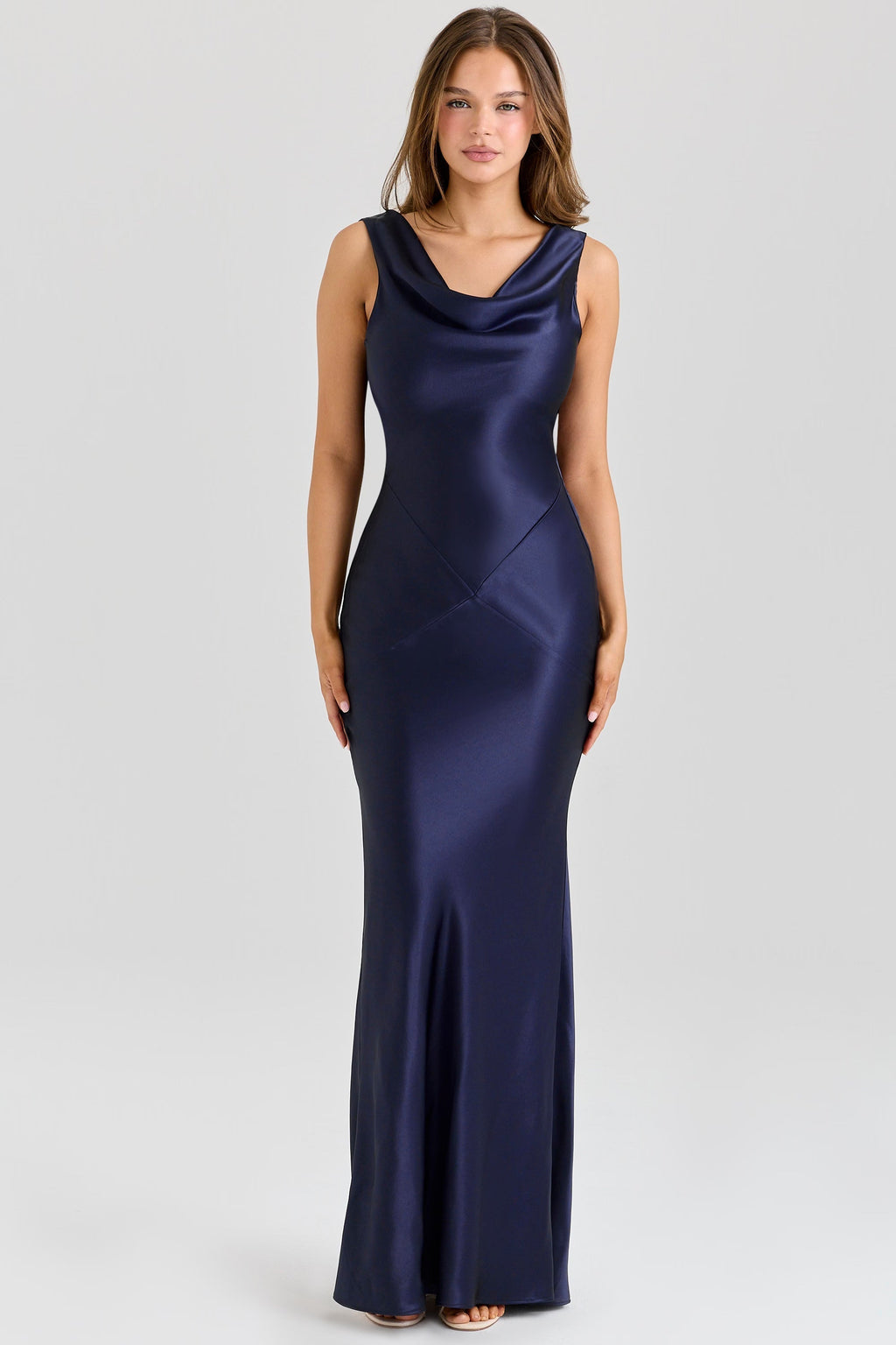 Martyna™ – Szafirowa satynowa sukienka maxi z dekoltem cowl