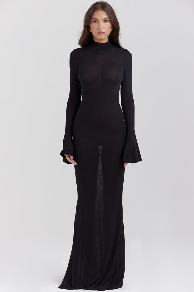 Joanna™ – Czarna dzianinowa sukienka maxi z odkrytymi plecami