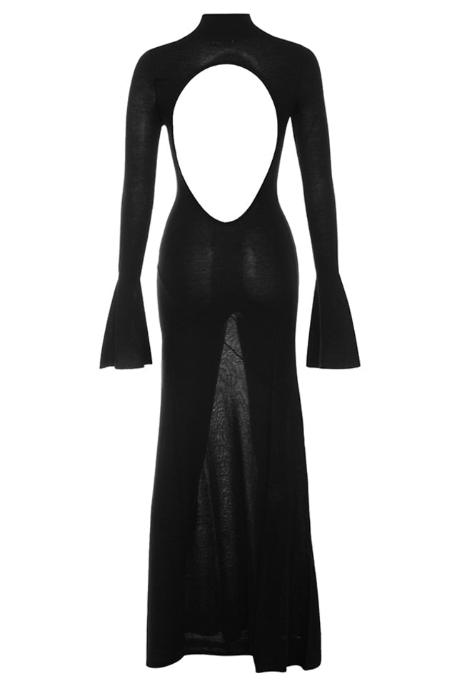 Joanna™ – Czarna dzianinowa sukienka maxi z odkrytymi plecami