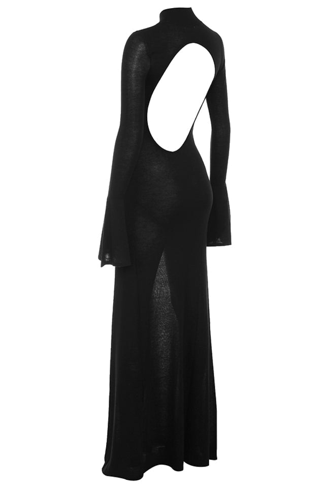 Joanna™ – Czarna dzianinowa sukienka maxi z odkrytymi plecami