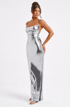 Alina™ – Metaliczna sukienka maxi bez pleców w odcieniu gunmetal