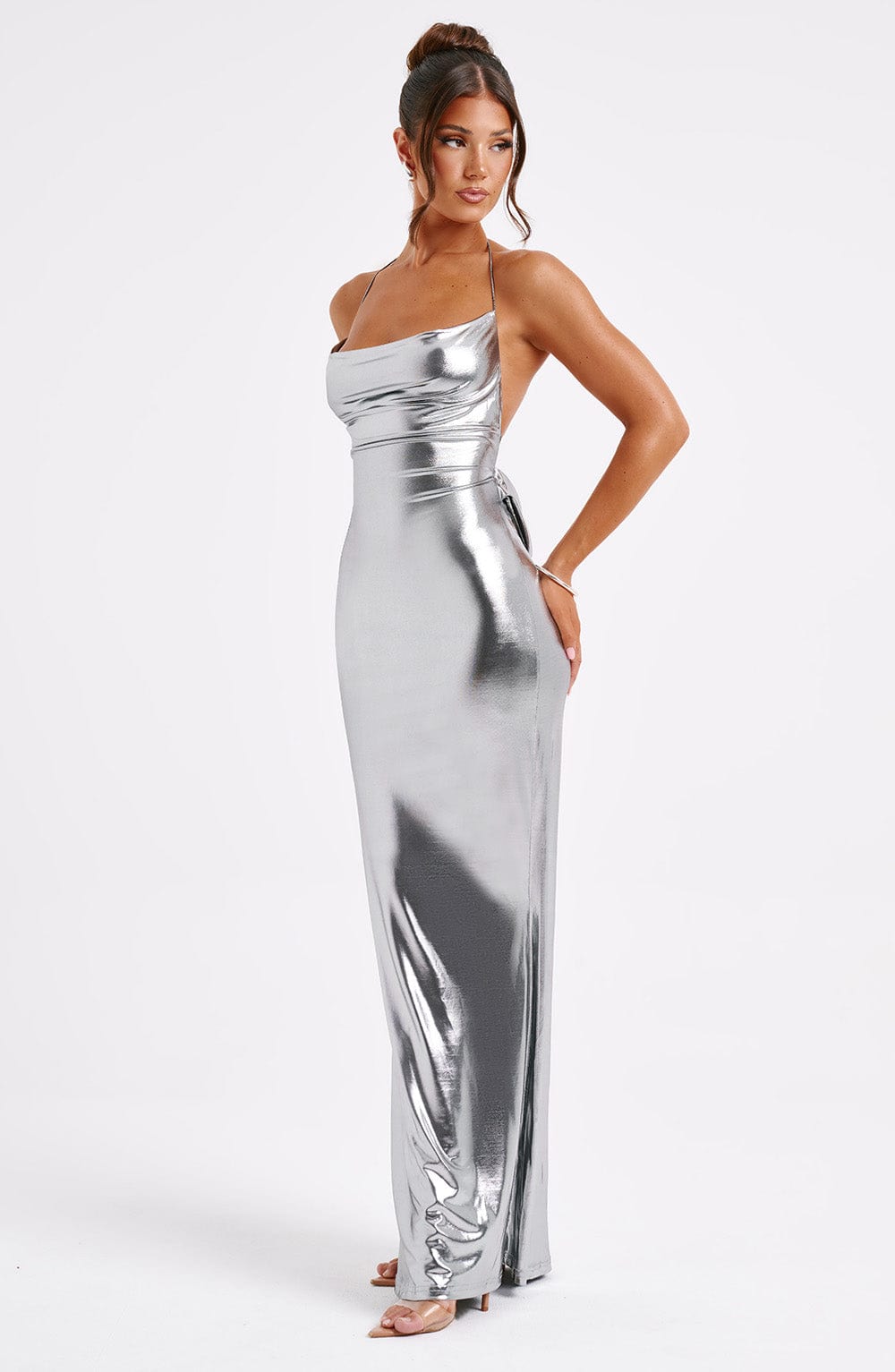 Alina™ – Metaliczna sukienka maxi bez pleców w odcieniu gunmetal