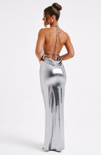 Alina™ – Metaliczna sukienka maxi bez pleców w odcieniu gunmetal